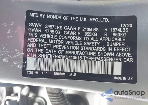 2021 Honda Civic Sport z USA, uszkodzony, nr VIN SHHFK7H47MU410515